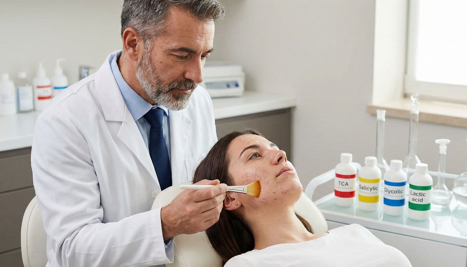 Which chemical peeling types are used in acne scar treatment?